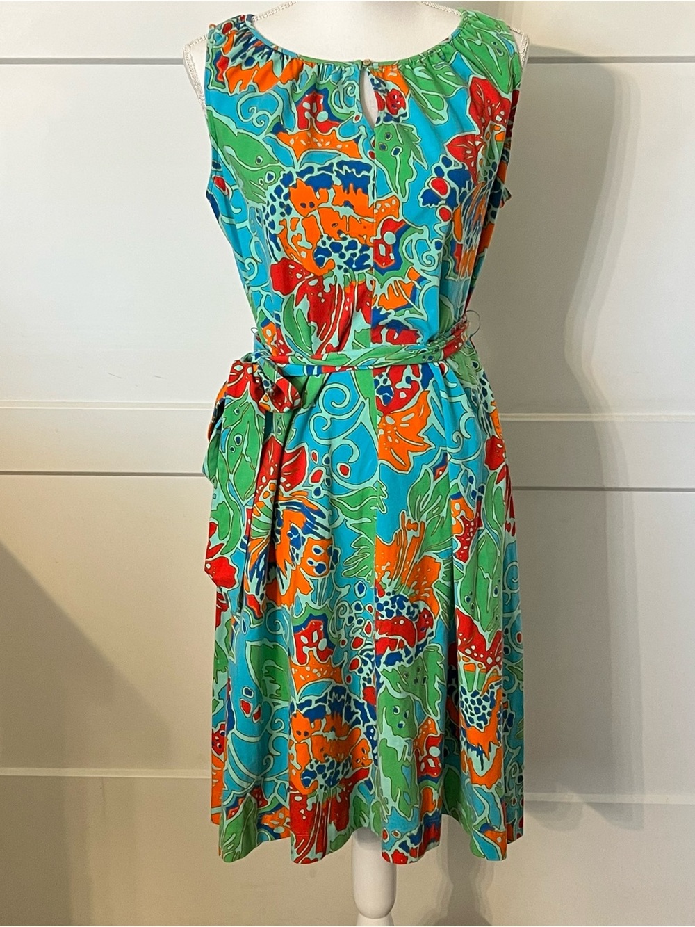 Lands' End Turquoise Floral Sleeveless Midi Dress with Self-Tie Belt-301